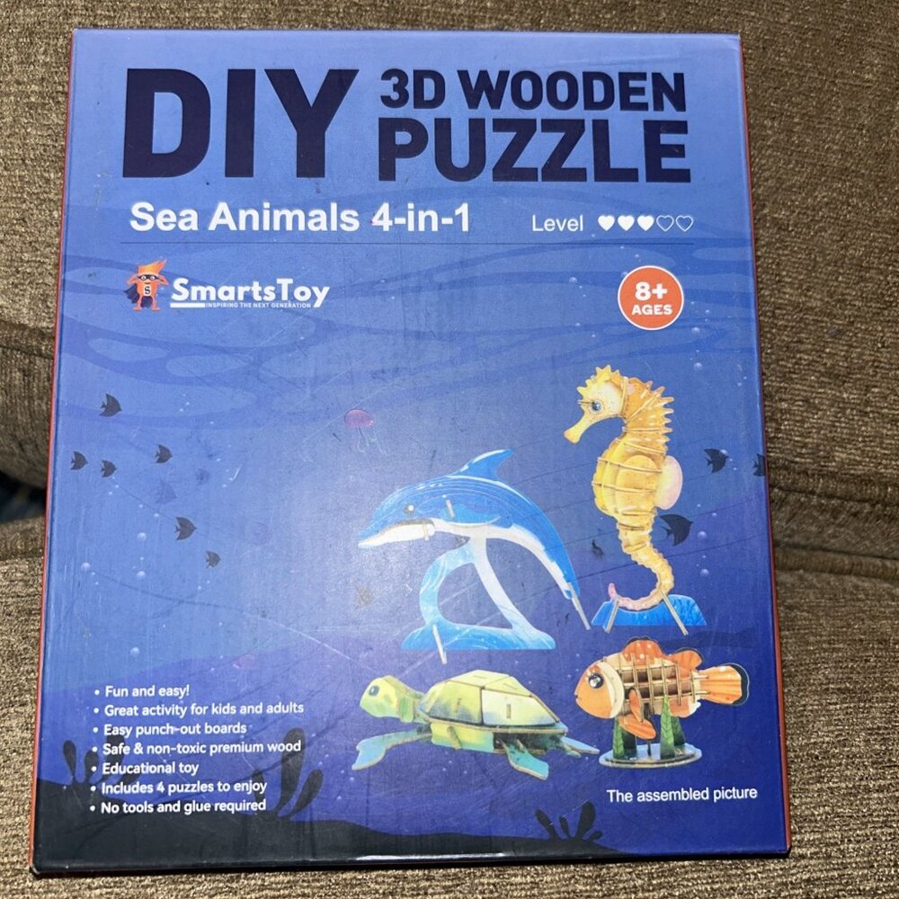 Hands Craft DIY 3D Wooden Puzzle 4 Assorted Sea Animal Puzzles Dolphin Turtle